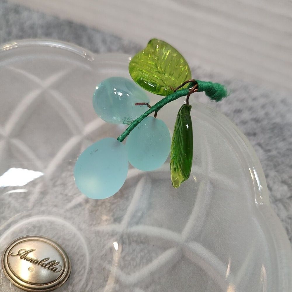 Annabella Frosted Trinket Bowl Glass Fruit Green Glass Leaves Pewter Name tag - Picture 4 of 8